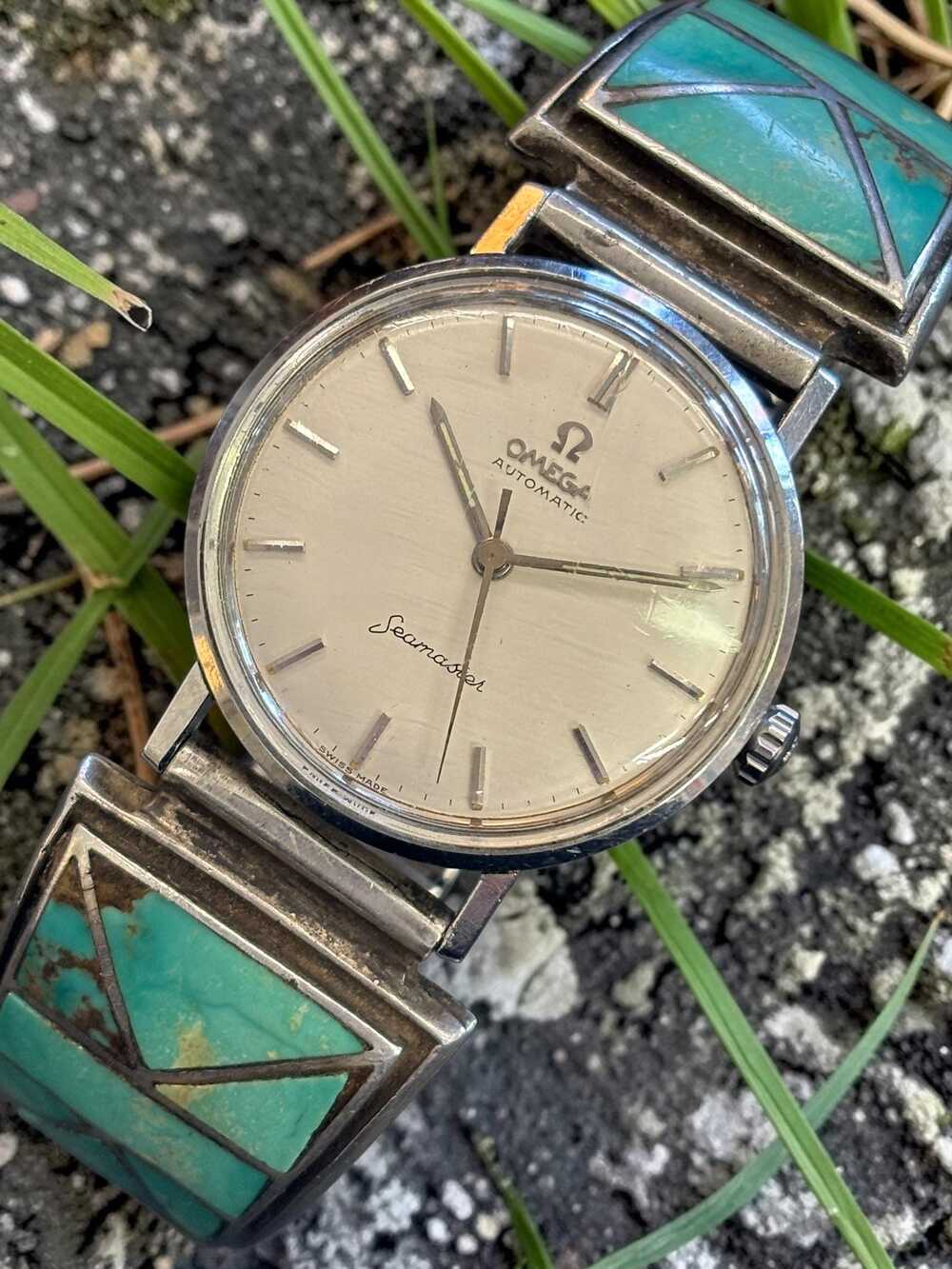 Vintage Omega Seamaster 34mm Watch‎ with Navajo Sterling Silver Turquoise Inlaid
